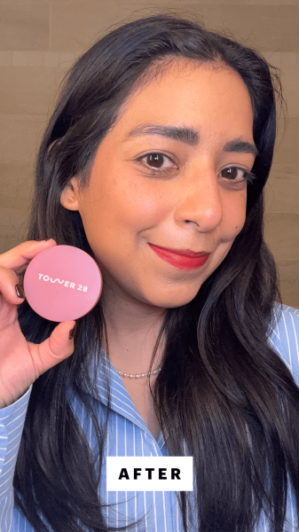 Foresto after applying the Tower 28 GetSet Blur Set Matte Powder Blush